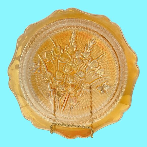 Jeannette Carnival Glass Vintage 1950’s Marigold Iris And Herringbone Plate 9” - Picture 4 of 8